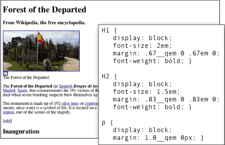 Figure 2.2: Wikipedia screenshot: without styles, inset with browser style definitions